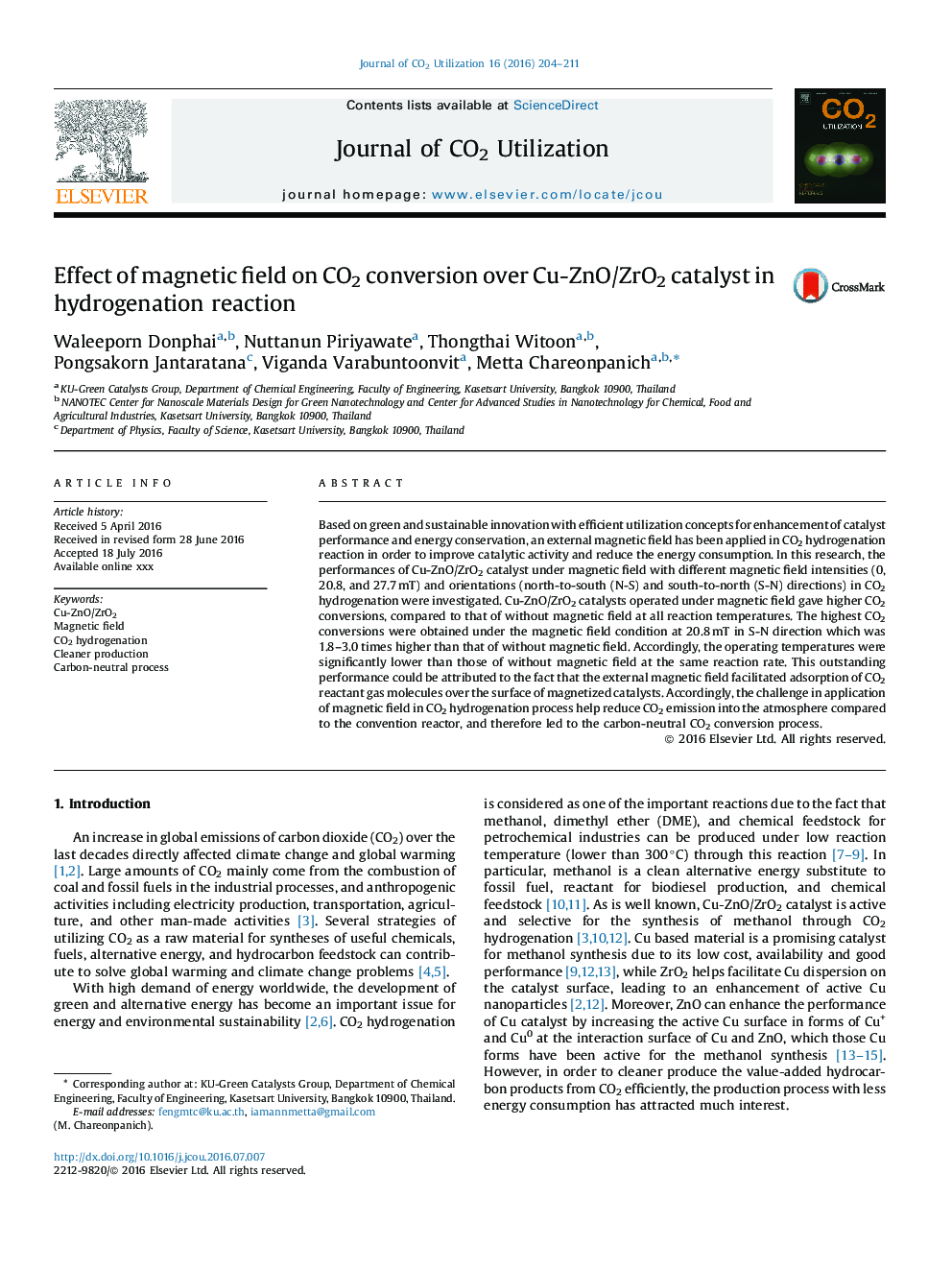 Effect of magnetic field on CO2 conversion over Cu-ZnO/ZrO2 catalyst in hydrogenation reaction