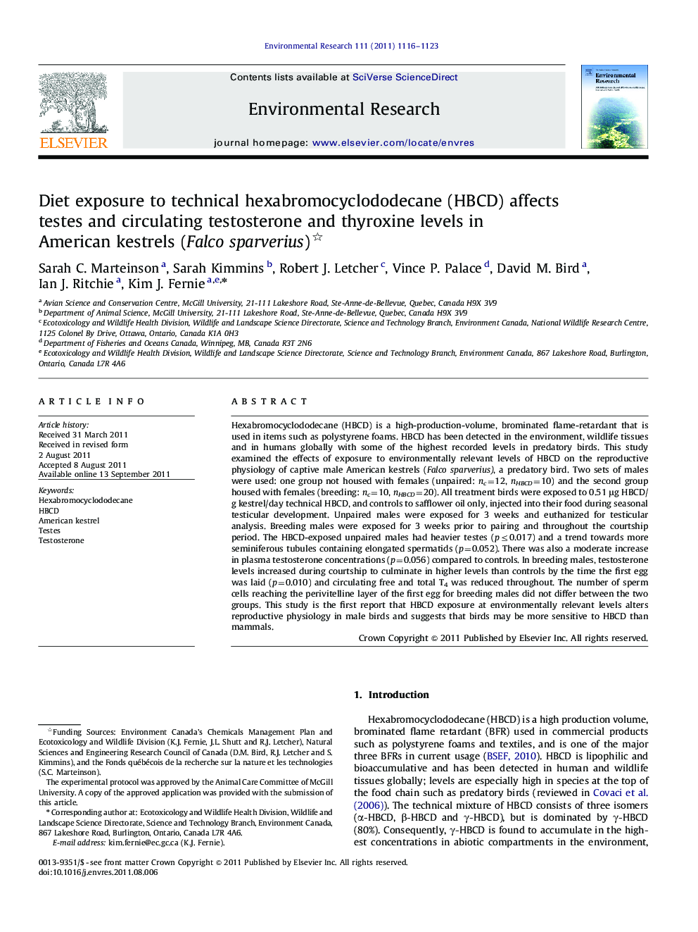 Diet exposure to technical hexabromocyclododecane (HBCD) affects testes and circulating testosterone and thyroxine levels in American kestrels (Falco sparverius)