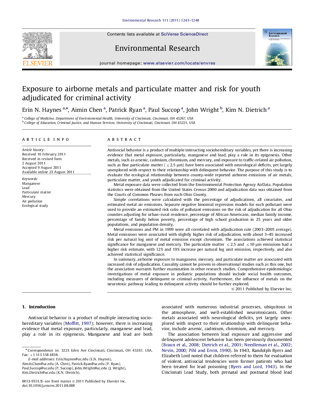 Exposure to airborne metals and particulate matter and risk for youth adjudicated for criminal activity