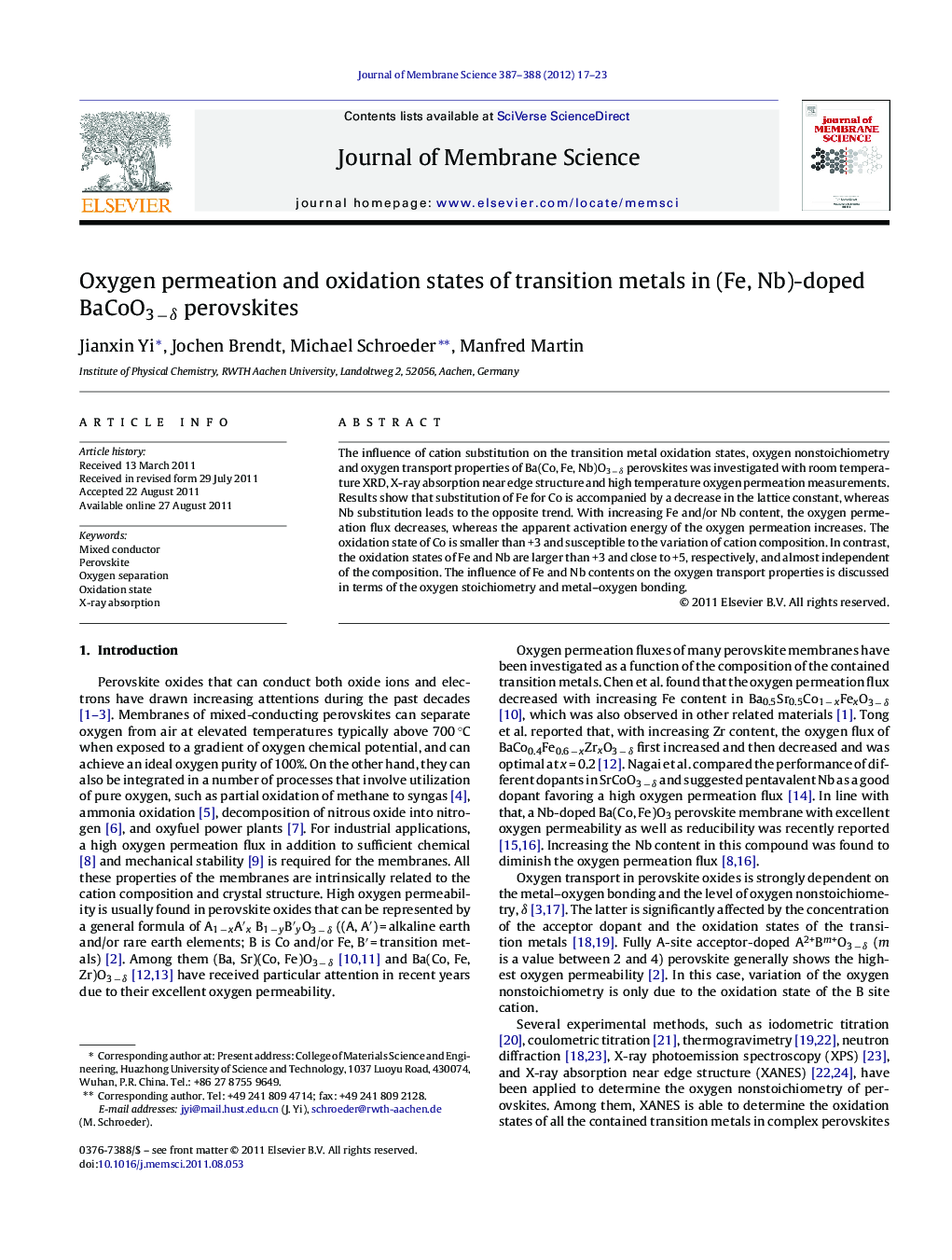 Oxygen permeation and oxidation states of transition metals in (Fe, Nb)-doped BaCoO3 − δ perovskites