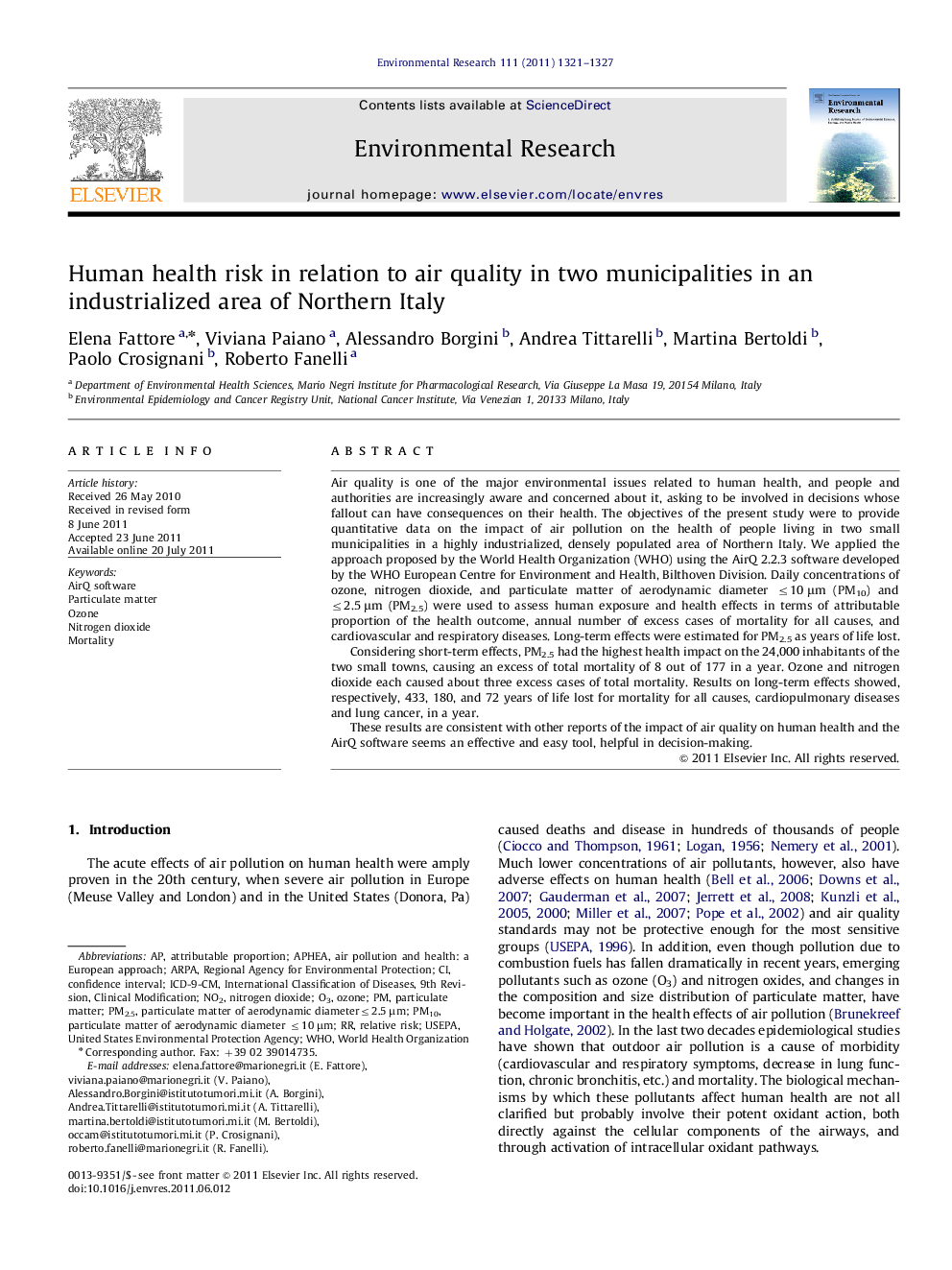 Human health risk in relation to air quality in two municipalities in an industrialized area of Northern Italy