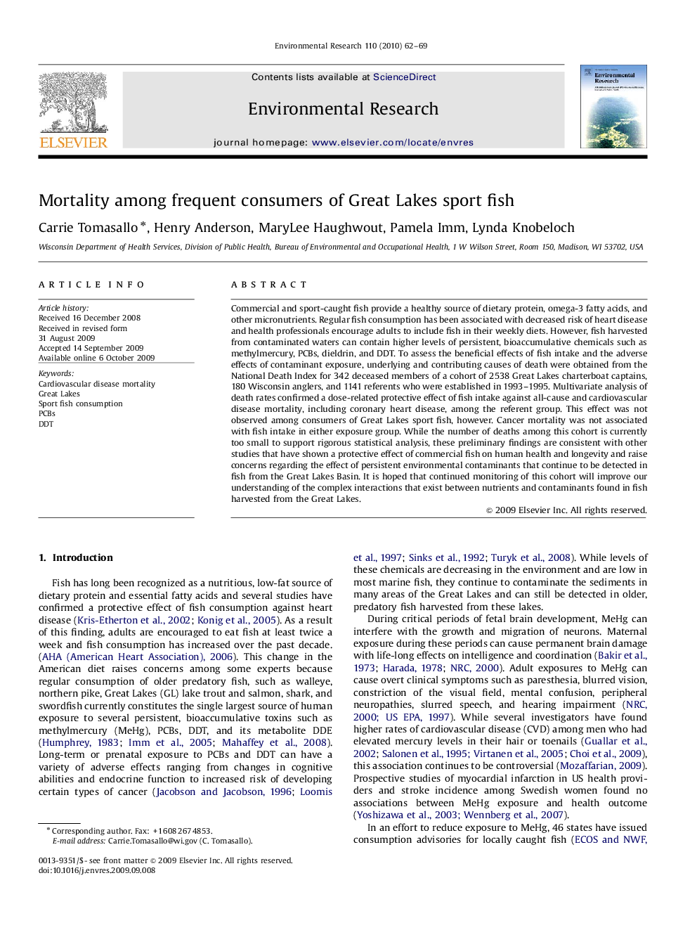 Mortality among frequent consumers of Great Lakes sport fish