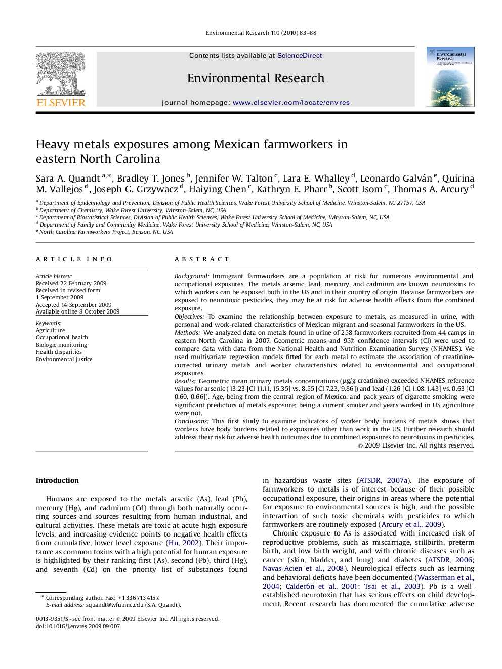 Heavy metals exposures among Mexican farmworkers in eastern North Carolina