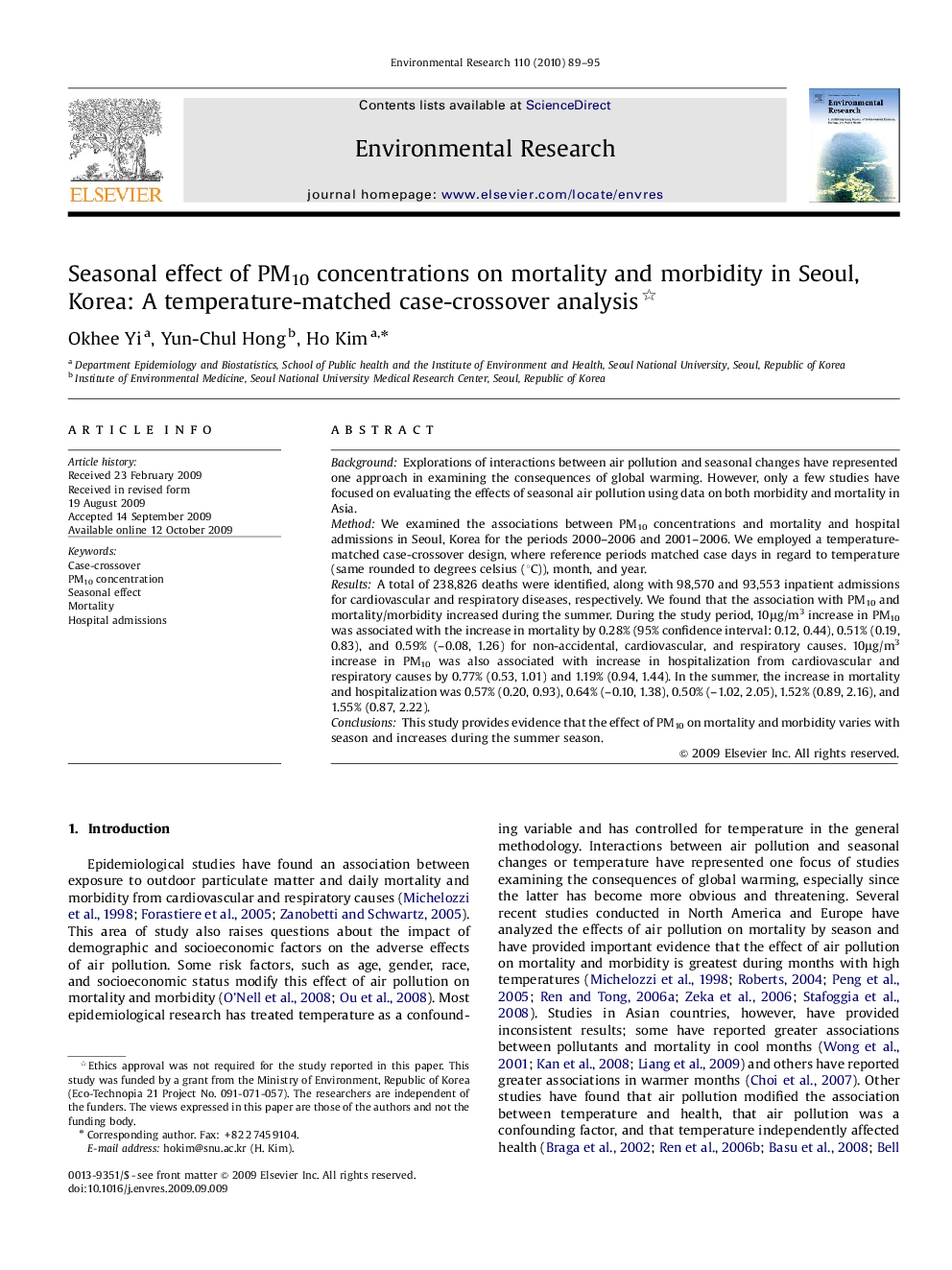 Seasonal effect of PM10 concentrations on mortality and morbidity in Seoul, Korea: A temperature-matched case-crossover analysis