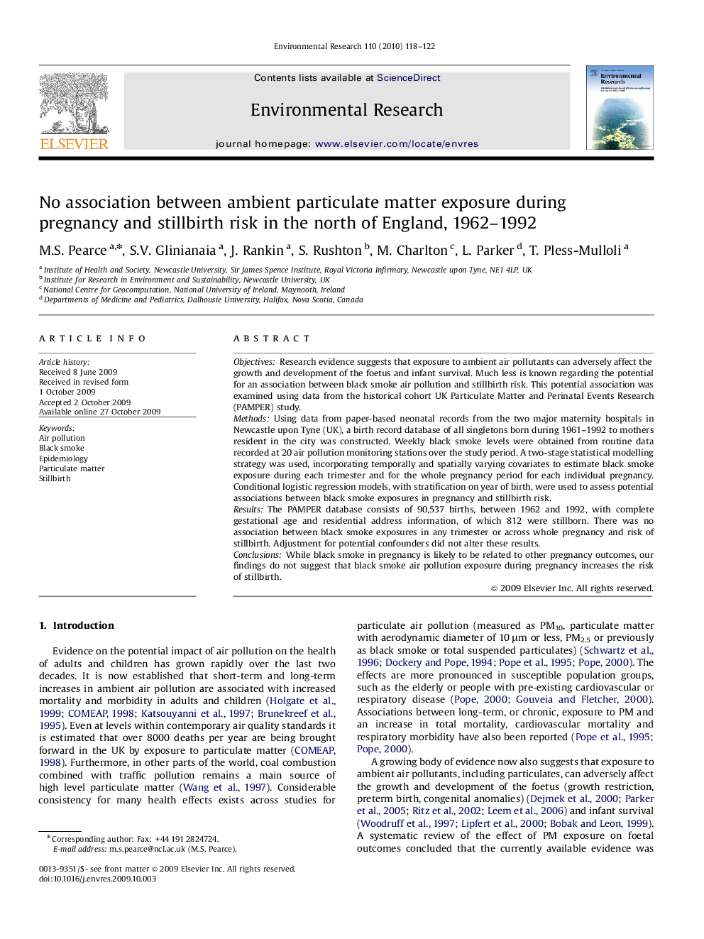 No association between ambient particulate matter exposure during pregnancy and stillbirth risk in the north of England, 1962-1992