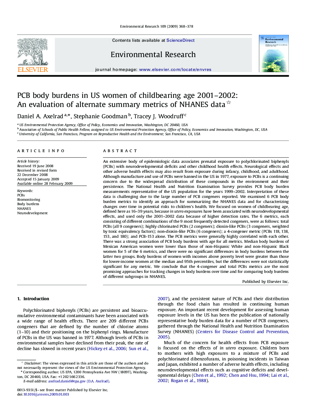 PCB body burdens in US women of childbearing age 2001-2002: An evaluation of alternate summary metrics of NHANES data