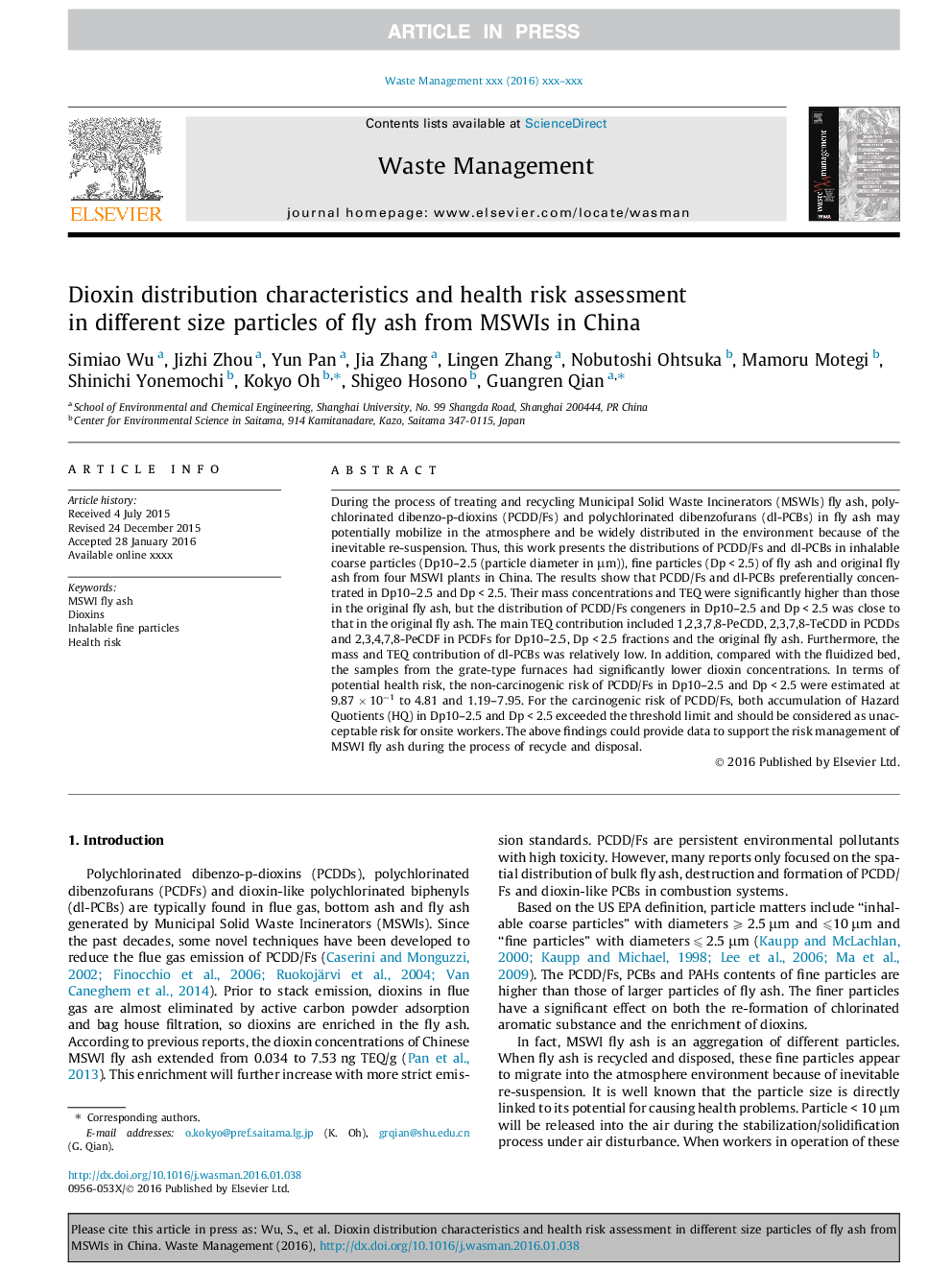 Dioxin distribution characteristics and health risk assessment in different size particles of fly ash from MSWIs in China