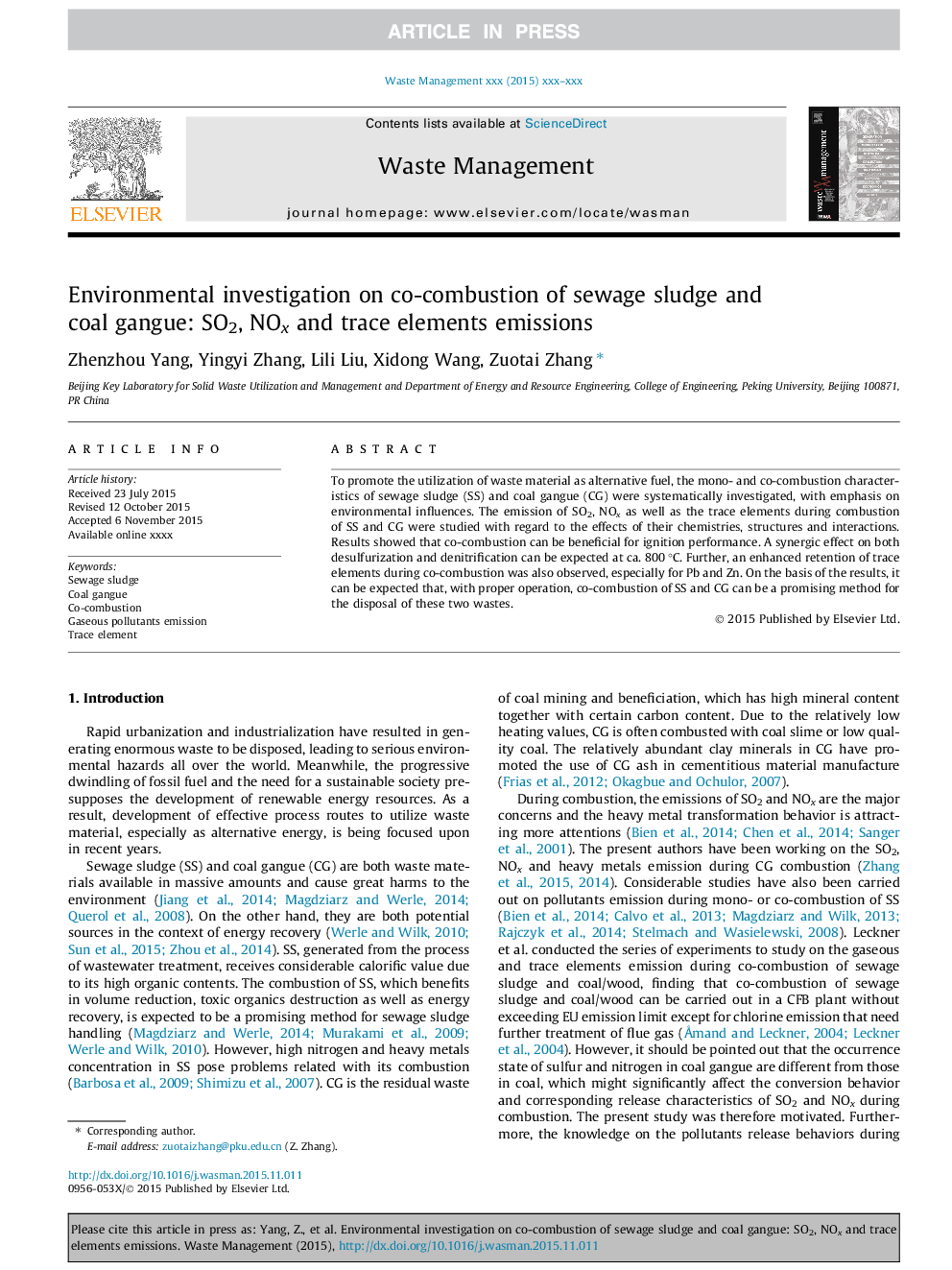 Environmental investigation on co-combustion of sewage sludge and coal gangue: SO2, NOx and trace elements emissions