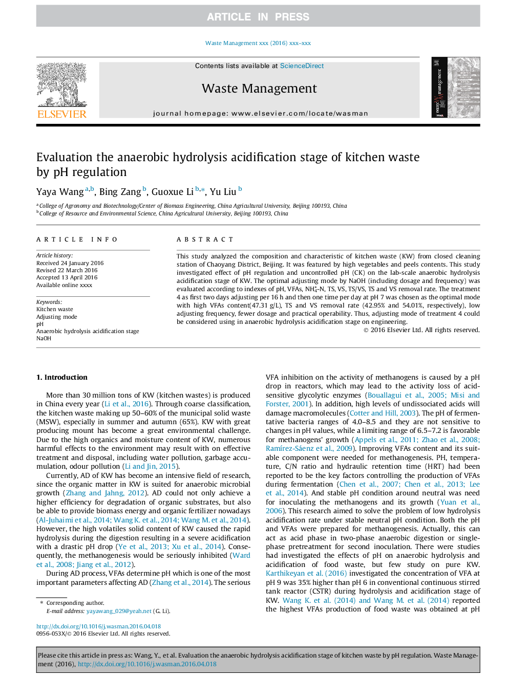 Evaluation the anaerobic hydrolysis acidification stage of kitchen waste by pH regulation