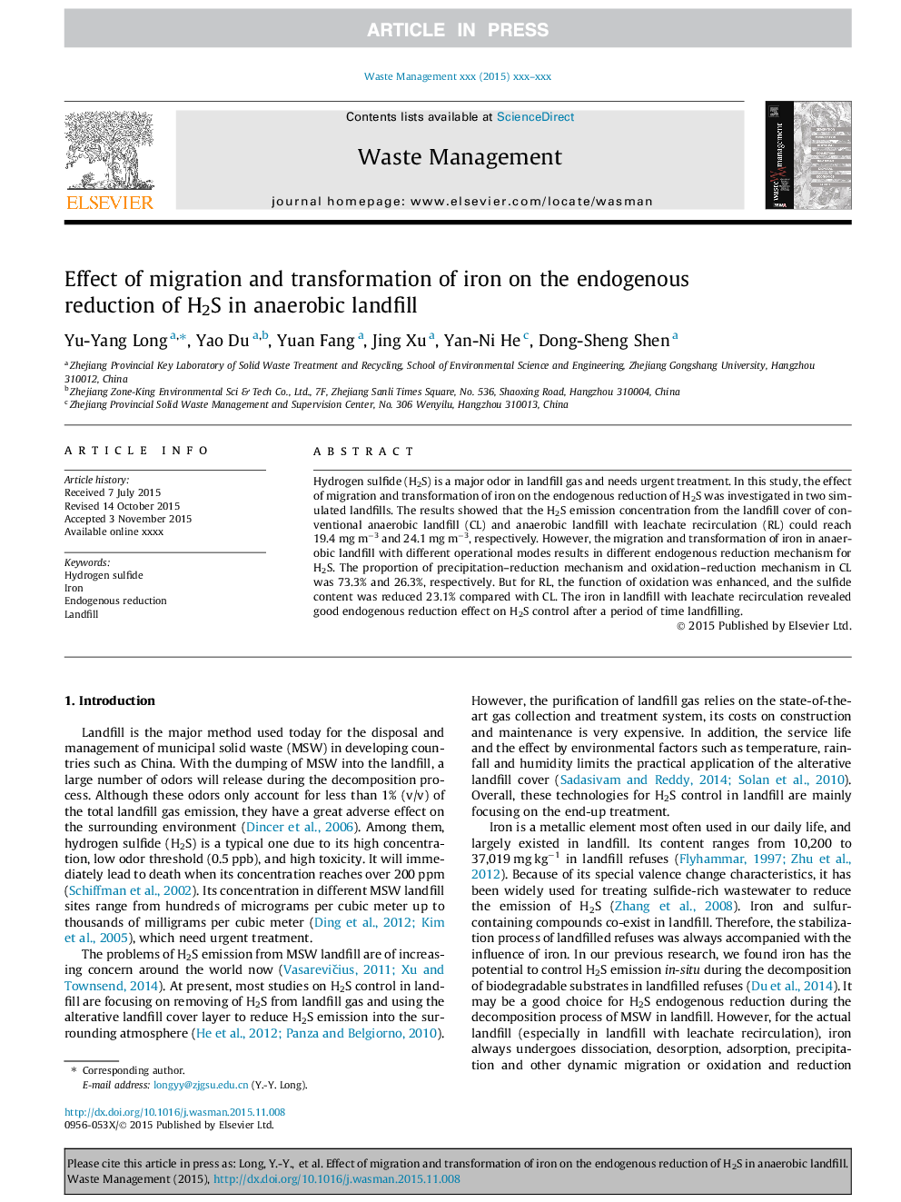 Effect of migration and transformation of iron on the endogenous reduction of H2S in anaerobic landfill