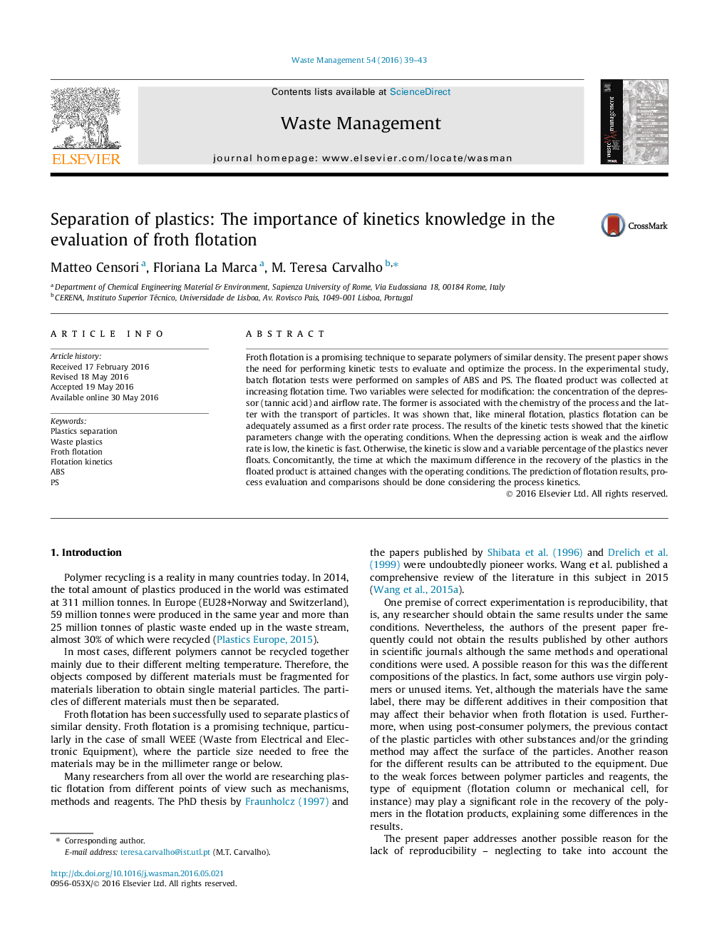 Separation of plastics: The importance of kinetics knowledge in the evaluation of froth flotation