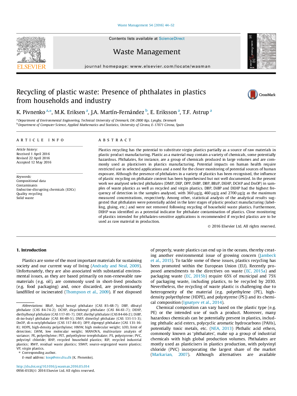 Recycling of plastic waste: Presence of phthalates in plastics from households and industry