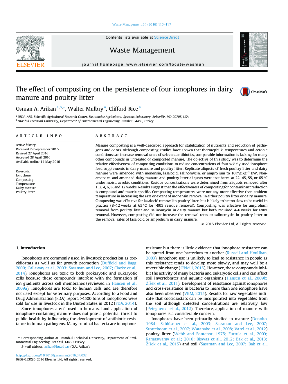 The effect of composting on the persistence of four ionophores in dairy manure and poultry litter