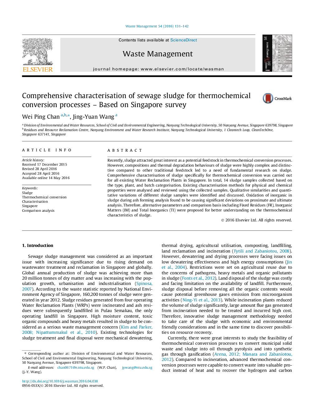 Comprehensive characterisation of sewage sludge for thermochemical conversion processes - Based on Singapore survey