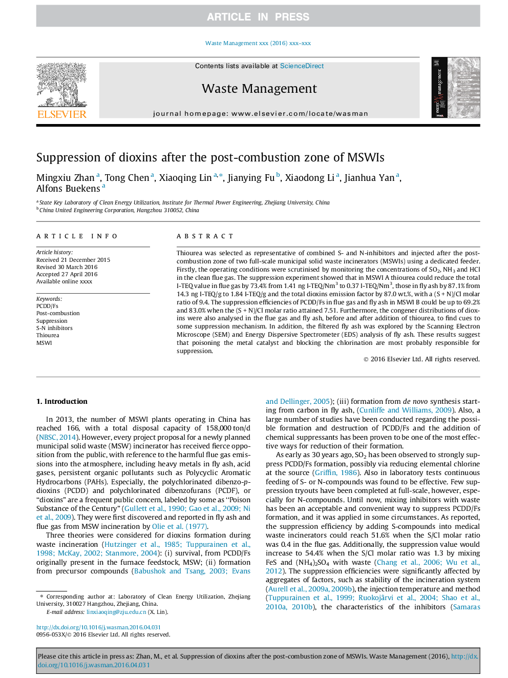 Suppression of dioxins after the post-combustion zone of MSWIs