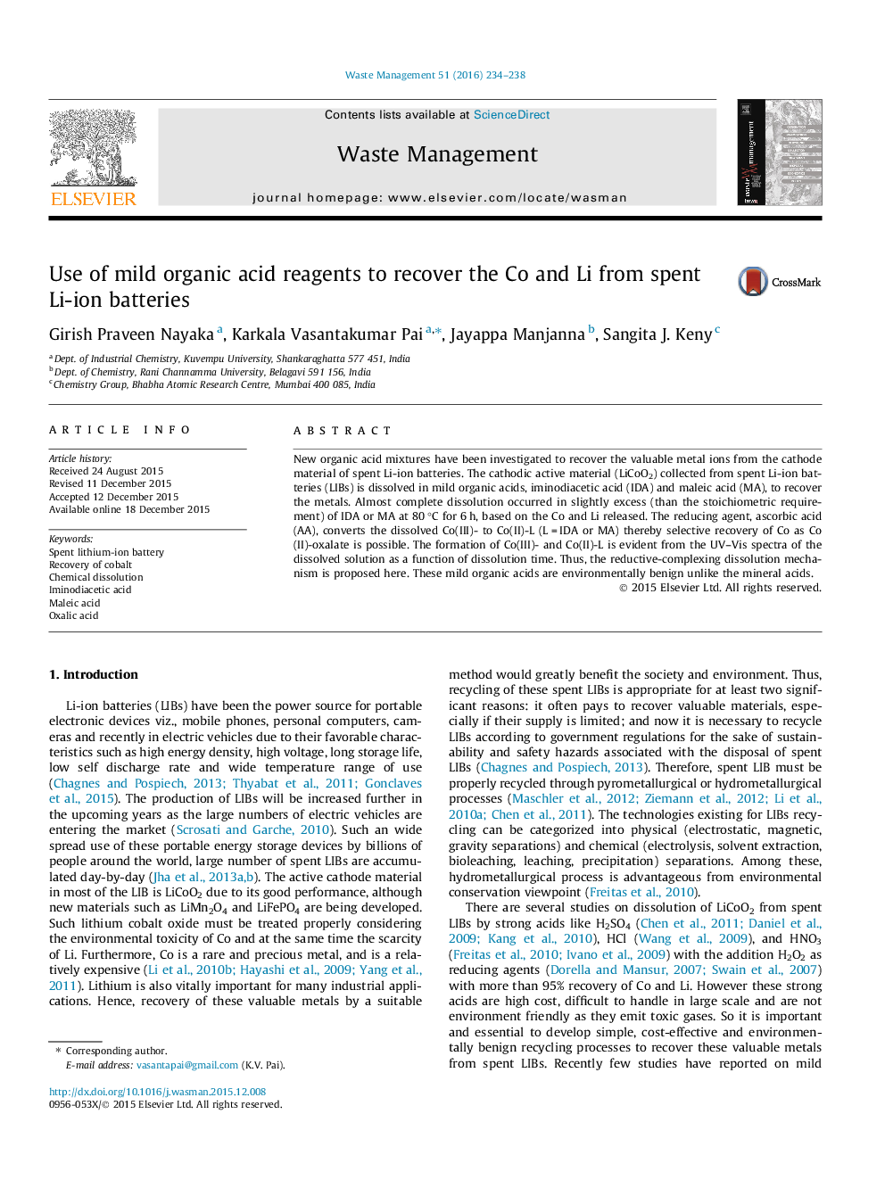 Use of mild organic acid reagents to recover the Co and Li from spent Li-ion batteries