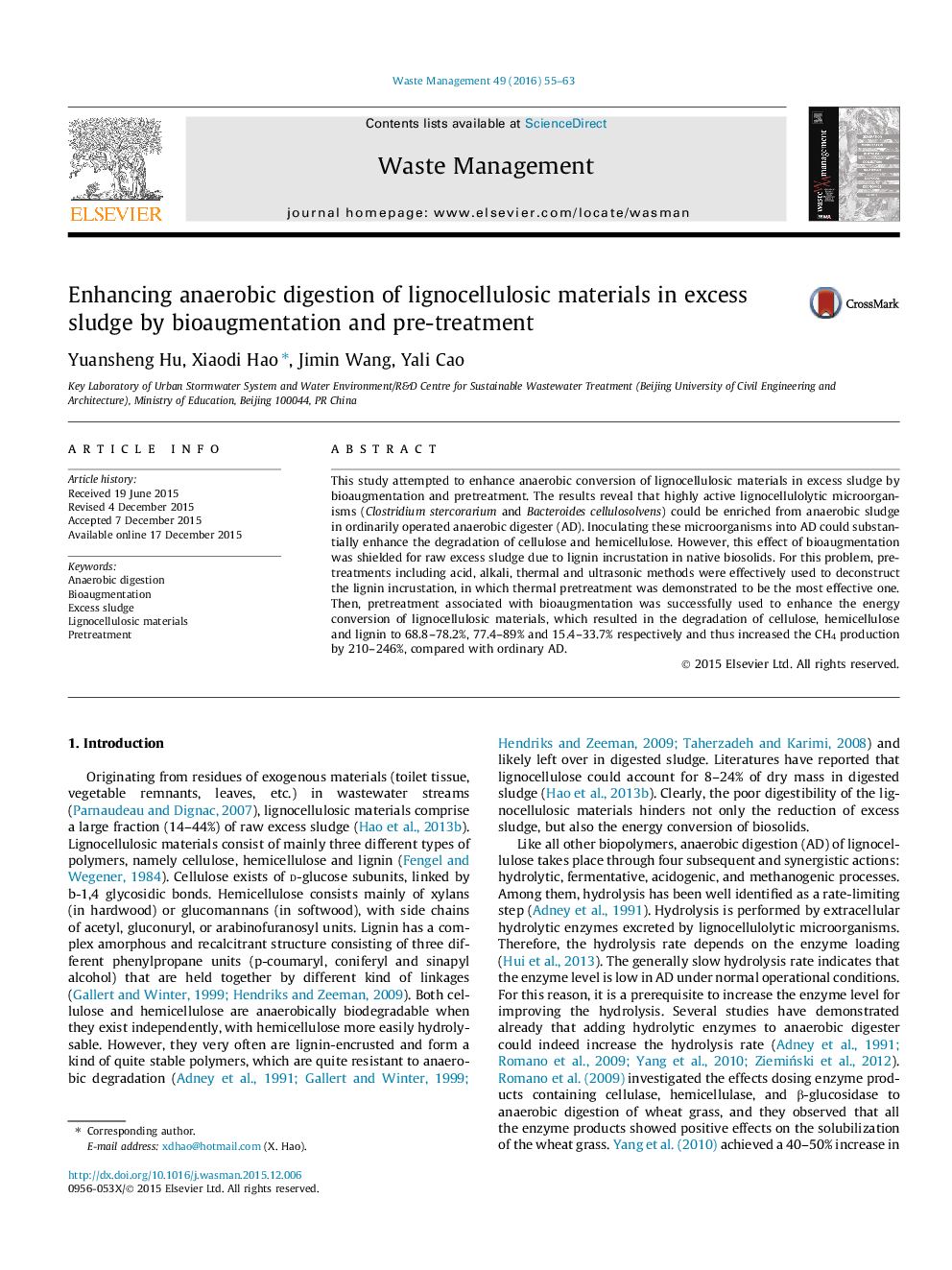 Enhancing anaerobic digestion of lignocellulosic materials in excess sludge by bioaugmentation and pre-treatment