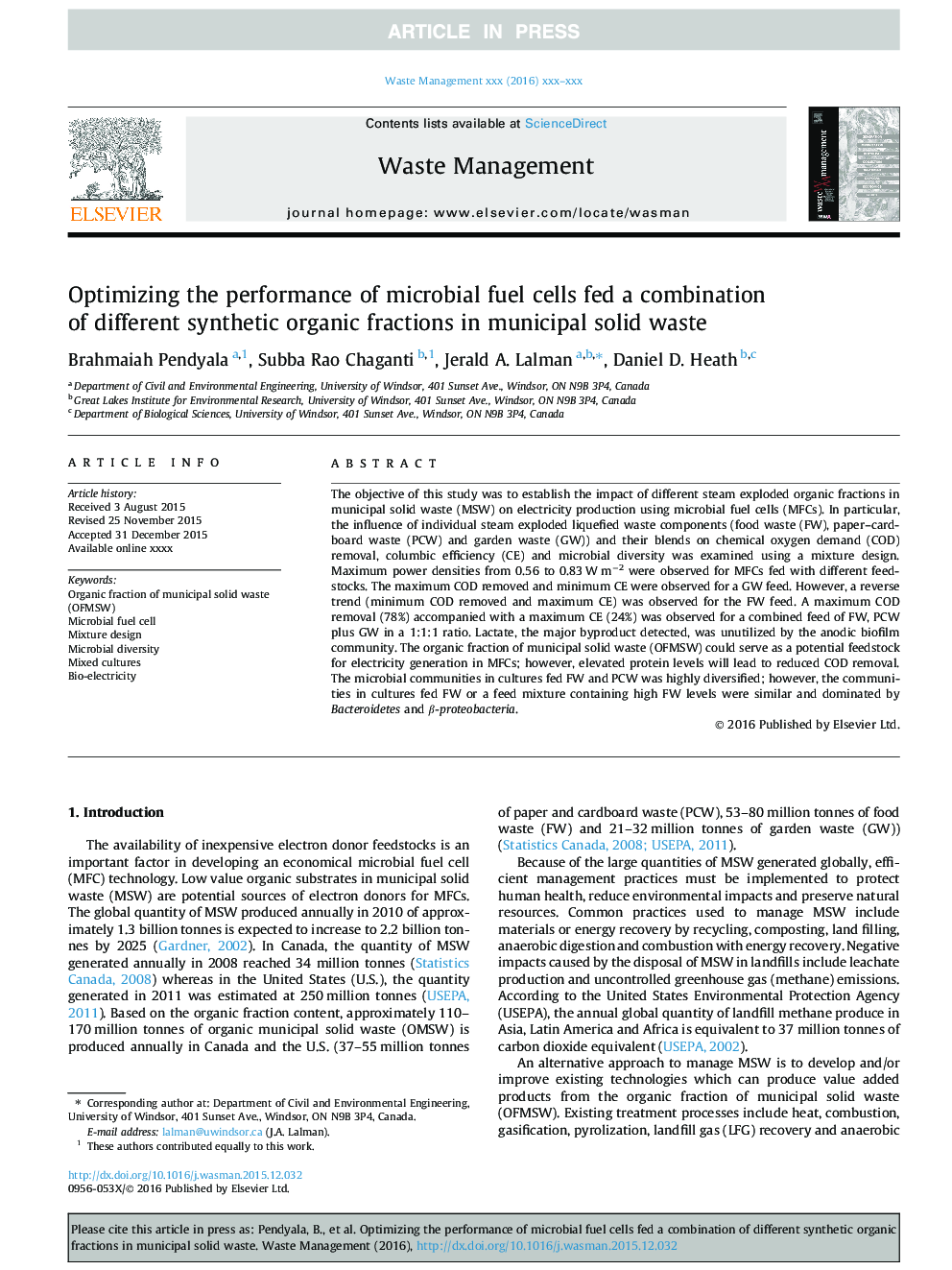 Optimizing the performance of microbial fuel cells fed a combination of different synthetic organic fractions in municipal solid waste