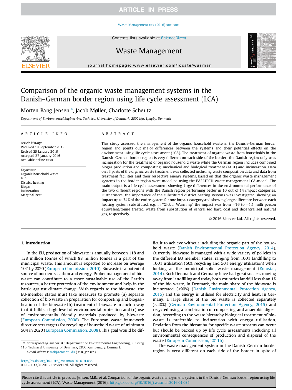 Comparison of the organic waste management systems in the Danish-German border region using life cycle assessment (LCA)