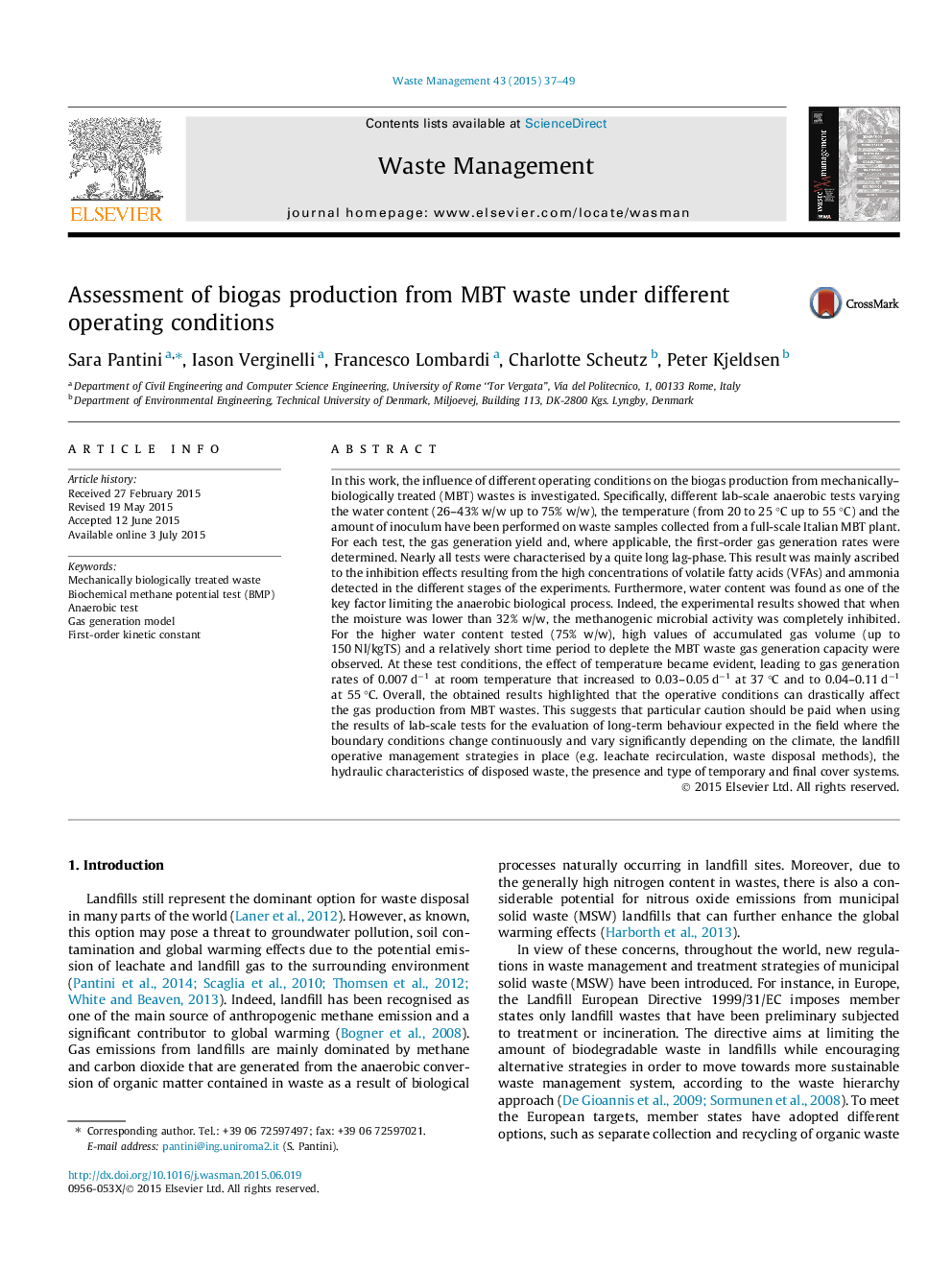 Assessment of biogas production from MBT waste under different operating conditions