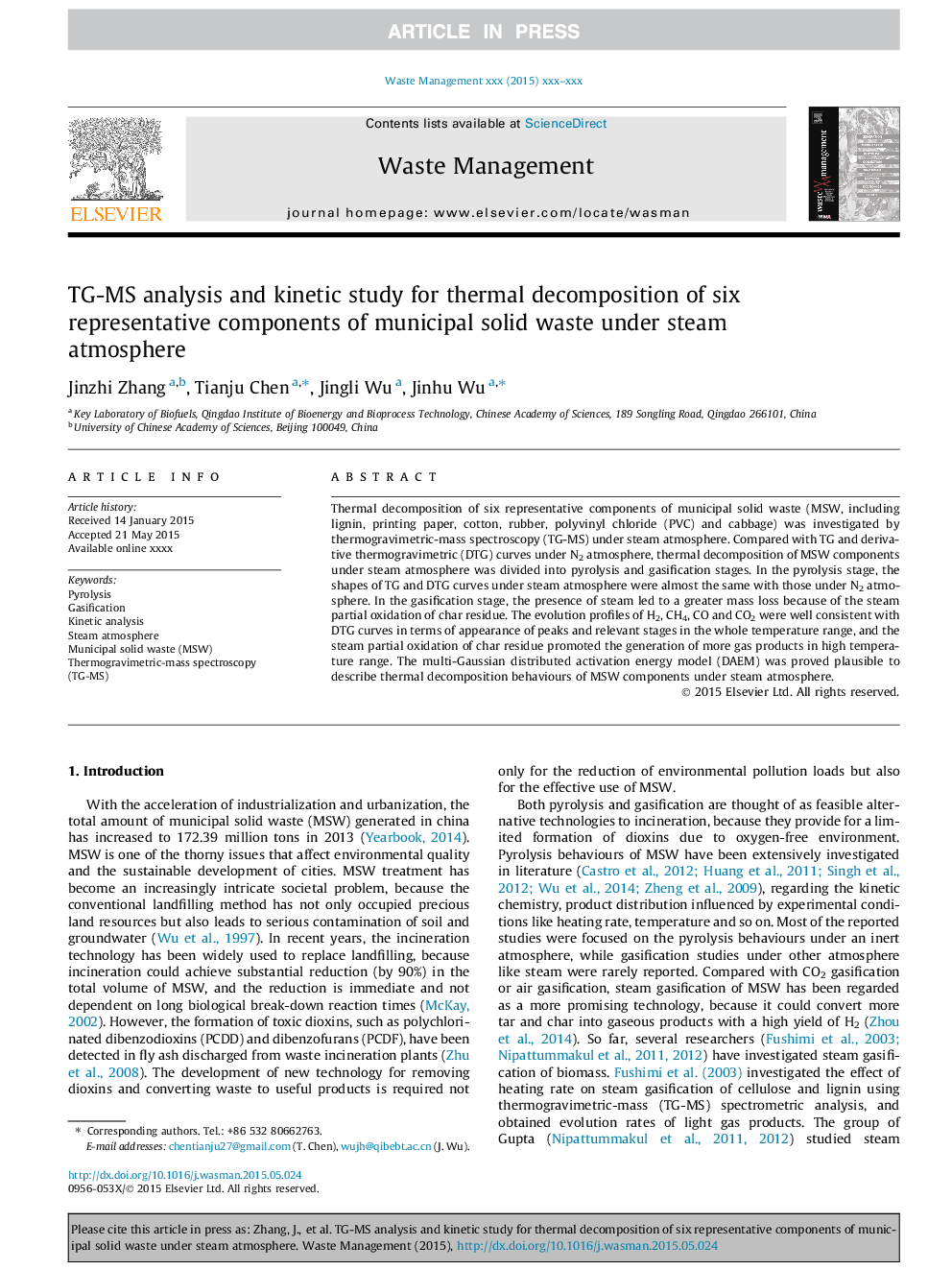 TG-MS analysis and kinetic study for thermal decomposition of six representative components of municipal solid waste under steam atmosphere