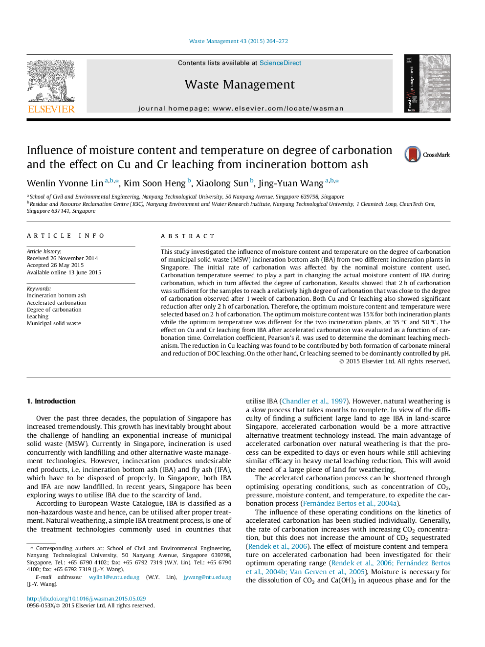 Influence of moisture content and temperature on degree of carbonation and the effect on Cu and Cr leaching from incineration bottom ash