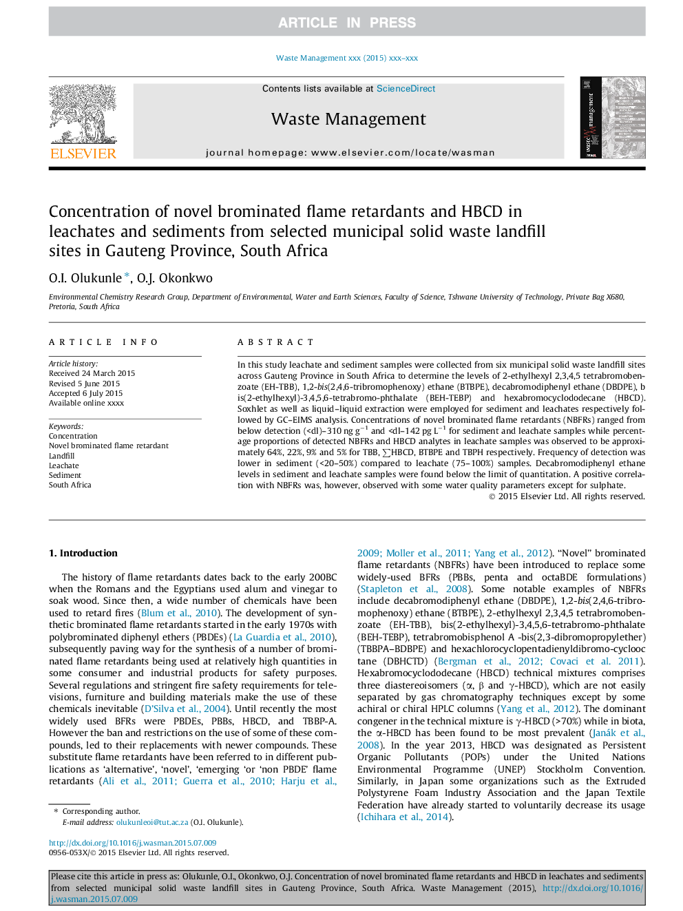 Concentration of novel brominated flame retardants and HBCD in leachates and sediments from selected municipal solid waste landfill sites in Gauteng Province, South Africa