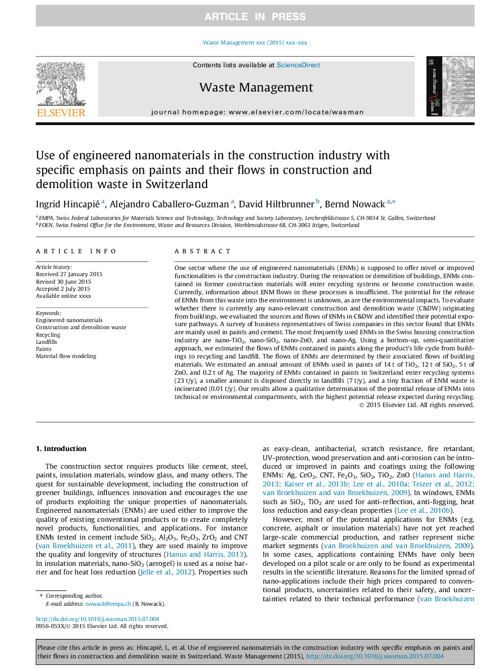 Use of engineered nanomaterials in the construction industry with specific emphasis on paints and their flows in construction and demolition waste in Switzerland