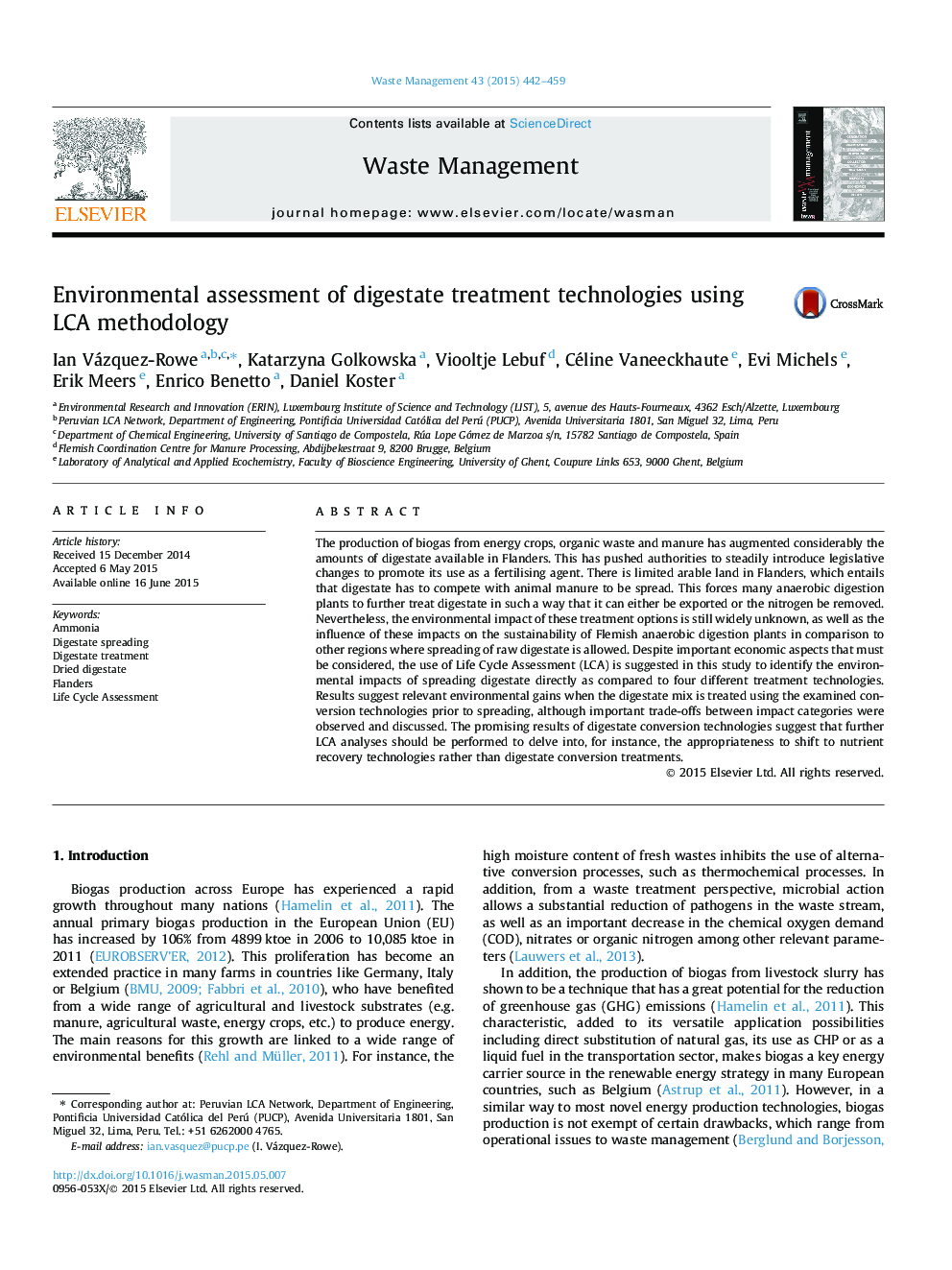 Environmental assessment of digestate treatment technologies using LCA methodology
