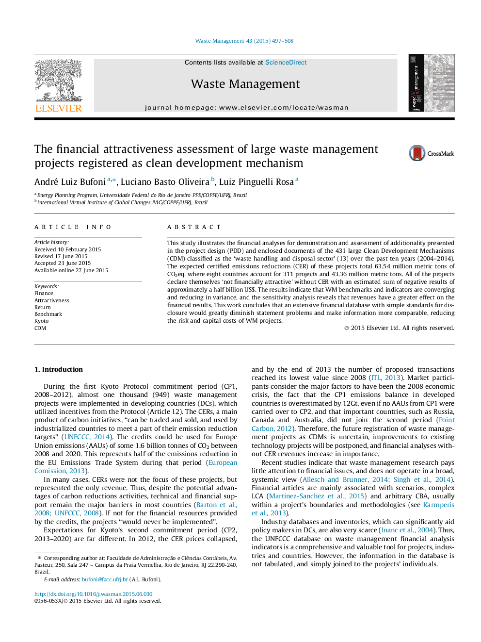 The financial attractiveness assessment of large waste management projects registered as clean development mechanism