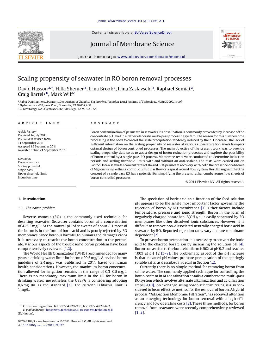 Scaling propensity of seawater in RO boron removal processes