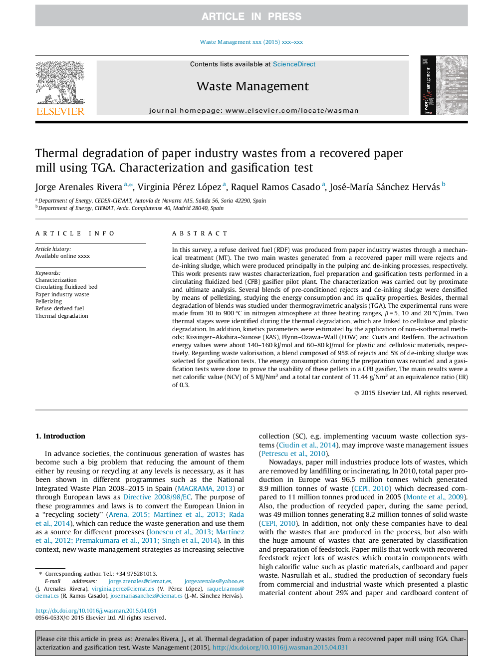 Thermal degradation of paper industry wastes from a recovered paper mill using TGA. Characterization and gasification test