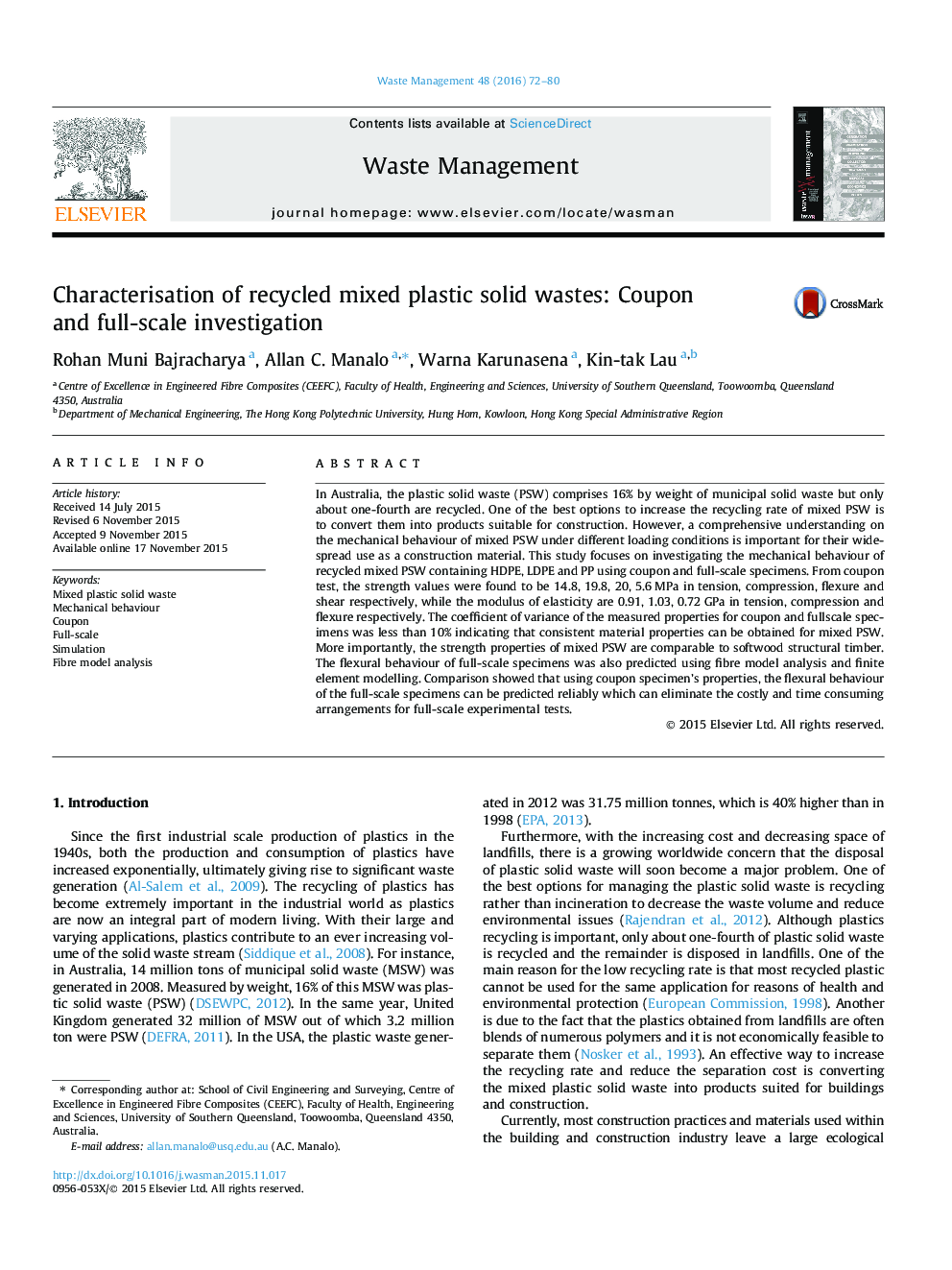 Characterisation of recycled mixed plastic solid wastes: Coupon and full-scale investigation