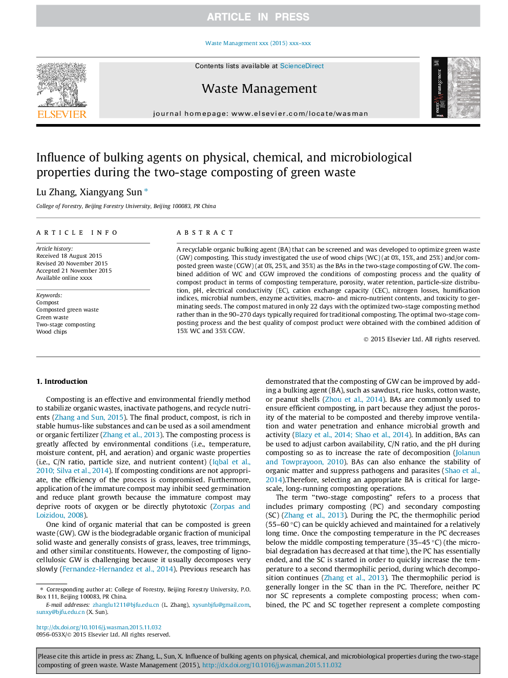 Influence of bulking agents on physical, chemical, and microbiological properties during the two-stage composting of green waste