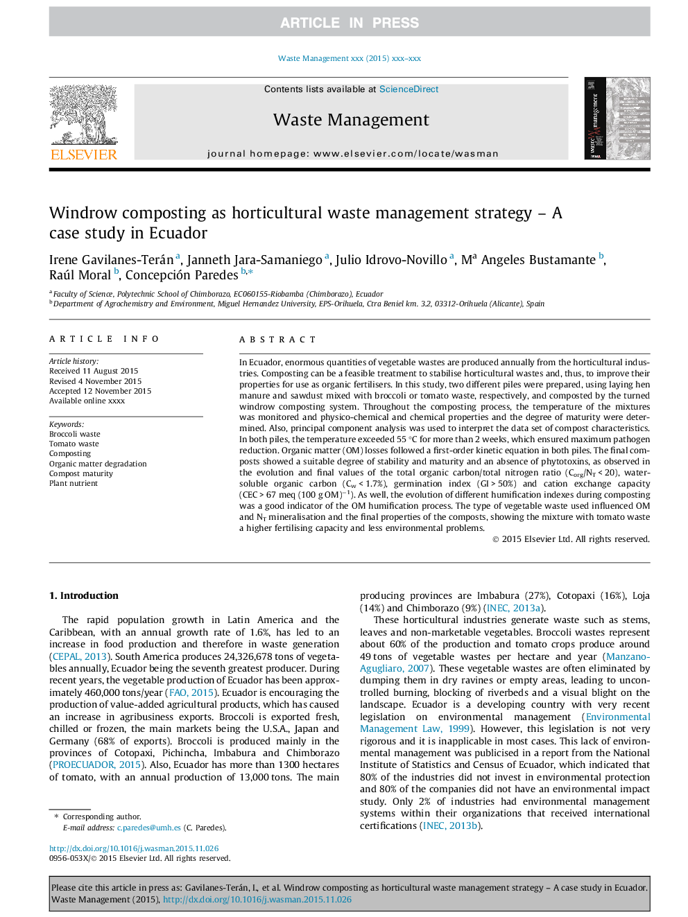 Windrow composting as horticultural waste management strategy - A case study in Ecuador