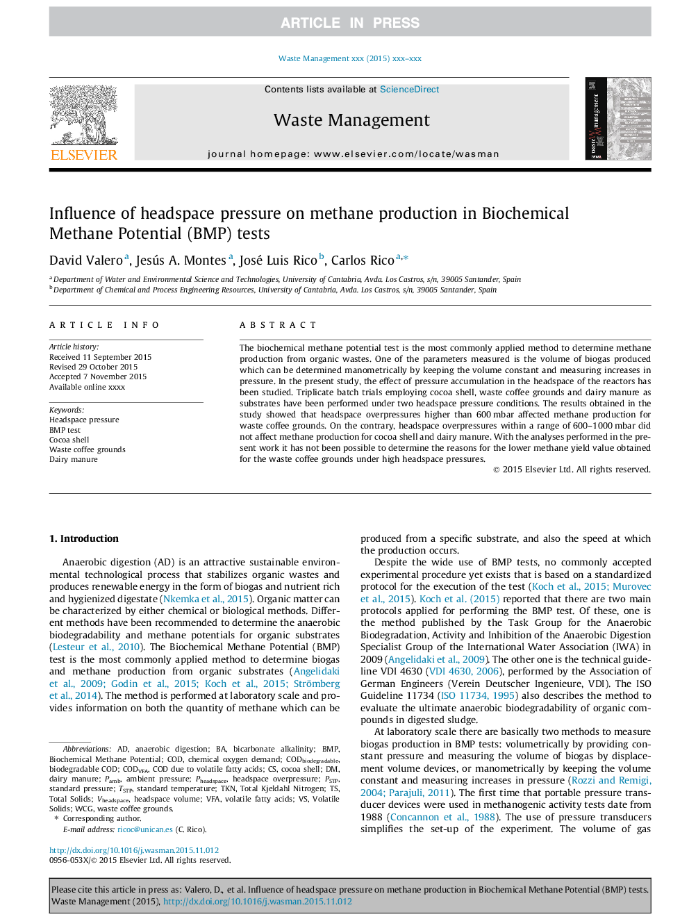 Influence of headspace pressure on methane production in Biochemical Methane Potential (BMP) tests