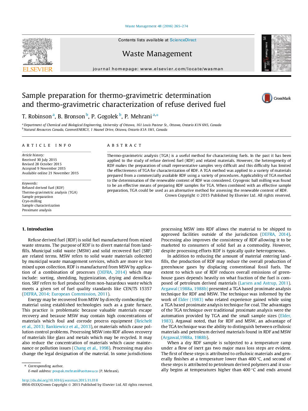 Sample preparation for thermo-gravimetric determination and thermo-gravimetric characterization of refuse derived fuel