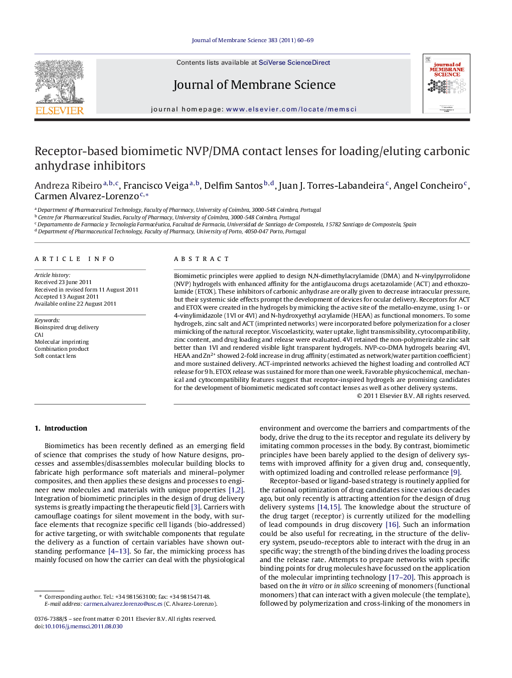 عکس صفحه اول مقاله: Receptor-based biomimetic NVP/DMA contact lenses for loading/eluting carbonic anhydrase inhibitors Receptor-based biomimetic NVP/DMA contact lenses for loading/eluting carbonic anhydrase inhibitors