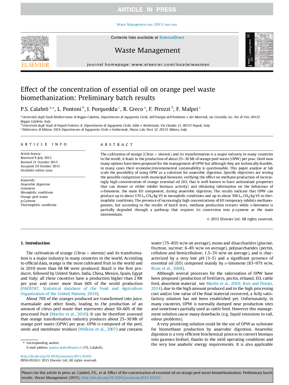 Effect of the concentration of essential oil on orange peel waste biomethanization: Preliminary batch results