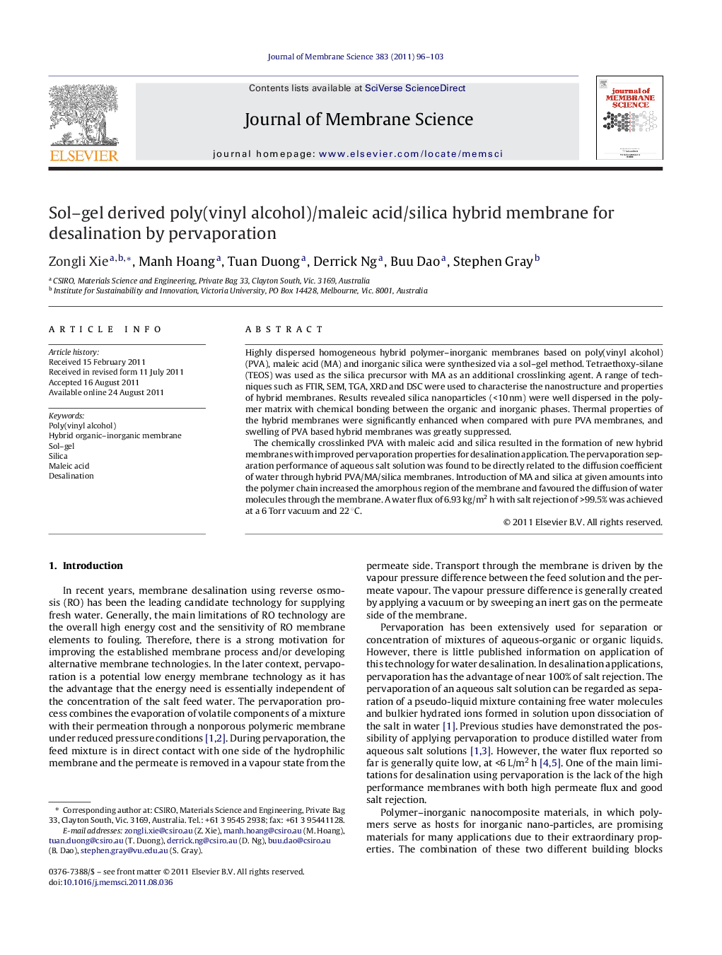 Sol–gel derived poly(vinyl alcohol)/maleic acid/silica hybrid membrane for desalination by pervaporation