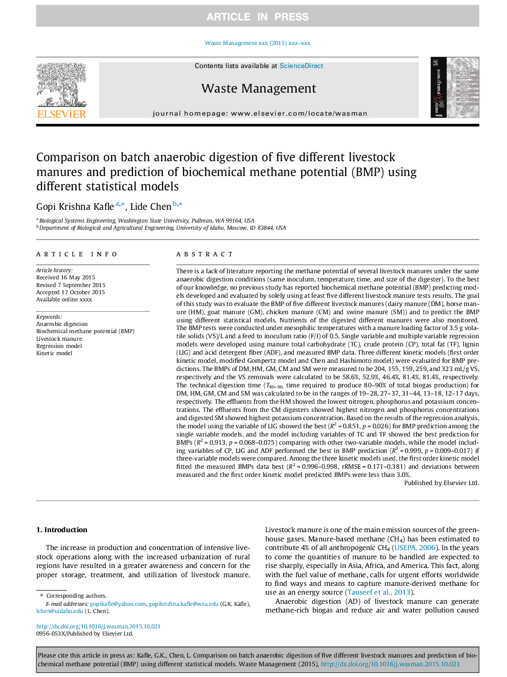 Comparison on batch anaerobic digestion of five different livestock manures and prediction of biochemical methane potential (BMP) using different statistical models