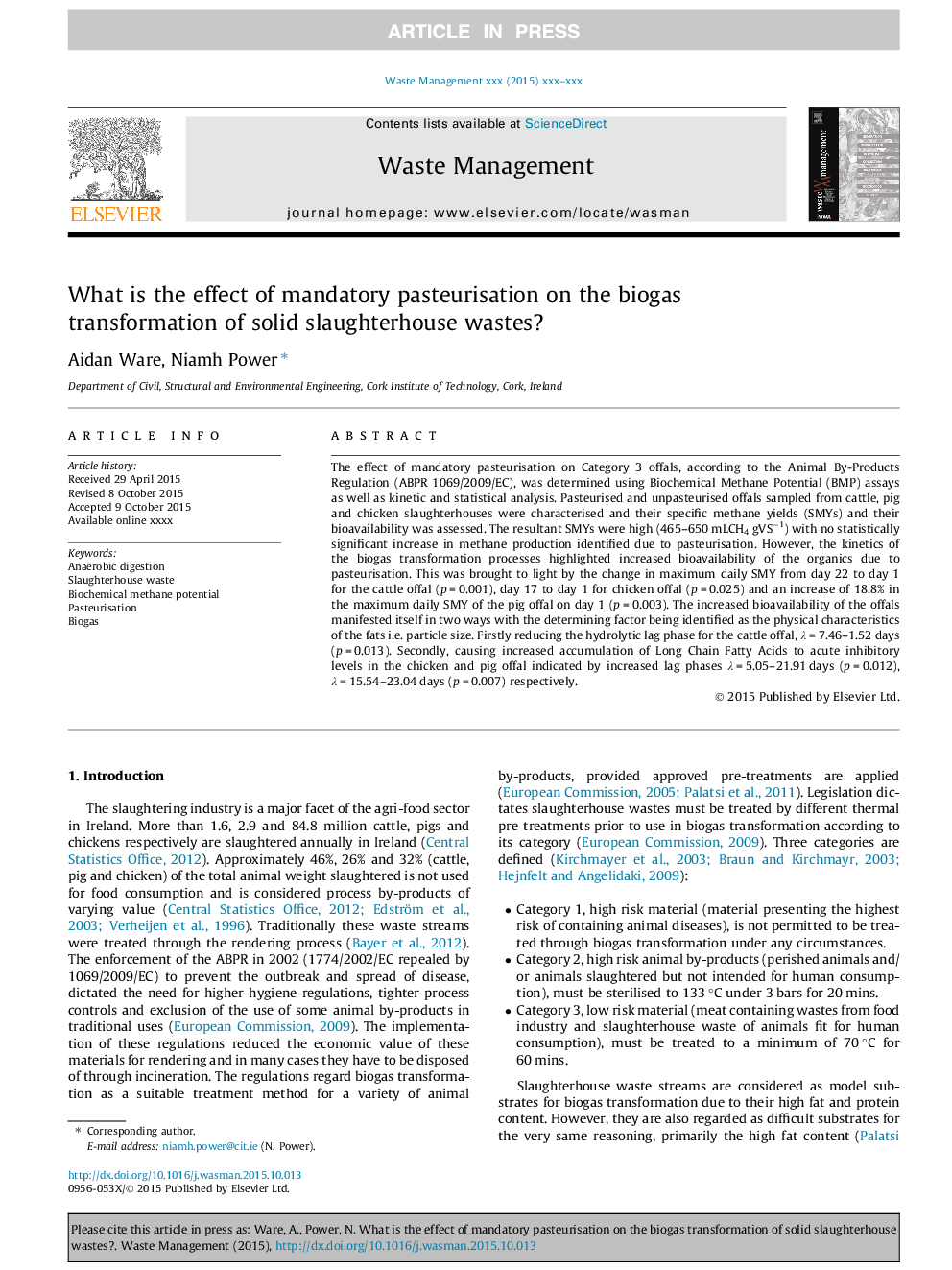 What is the effect of mandatory pasteurisation on the biogas transformation of solid slaughterhouse wastes?