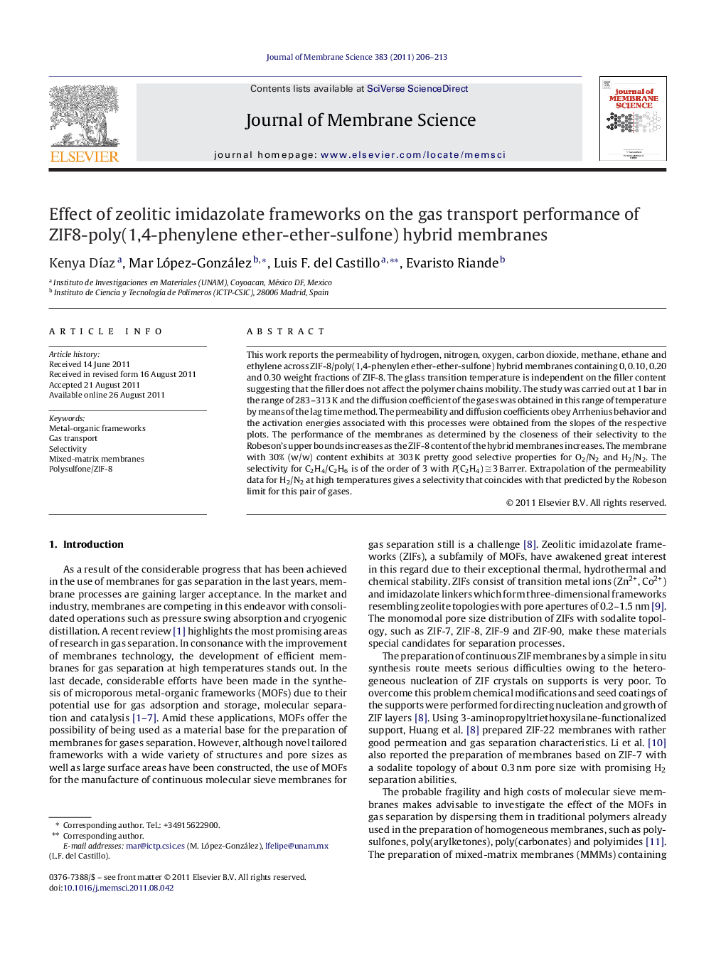عکس صفحه اول مقاله: Effect of zeolitic imidazolate frameworks on the gas transport performance of ZIF8-poly(1,4-phenylene ether-ether-sulfone) hybrid membranes Effect of zeolitic imidazolate frameworks on the gas transport performance of ZIF8-poly(1,4-phenylene ether-ether-sulfone) hybrid membranes