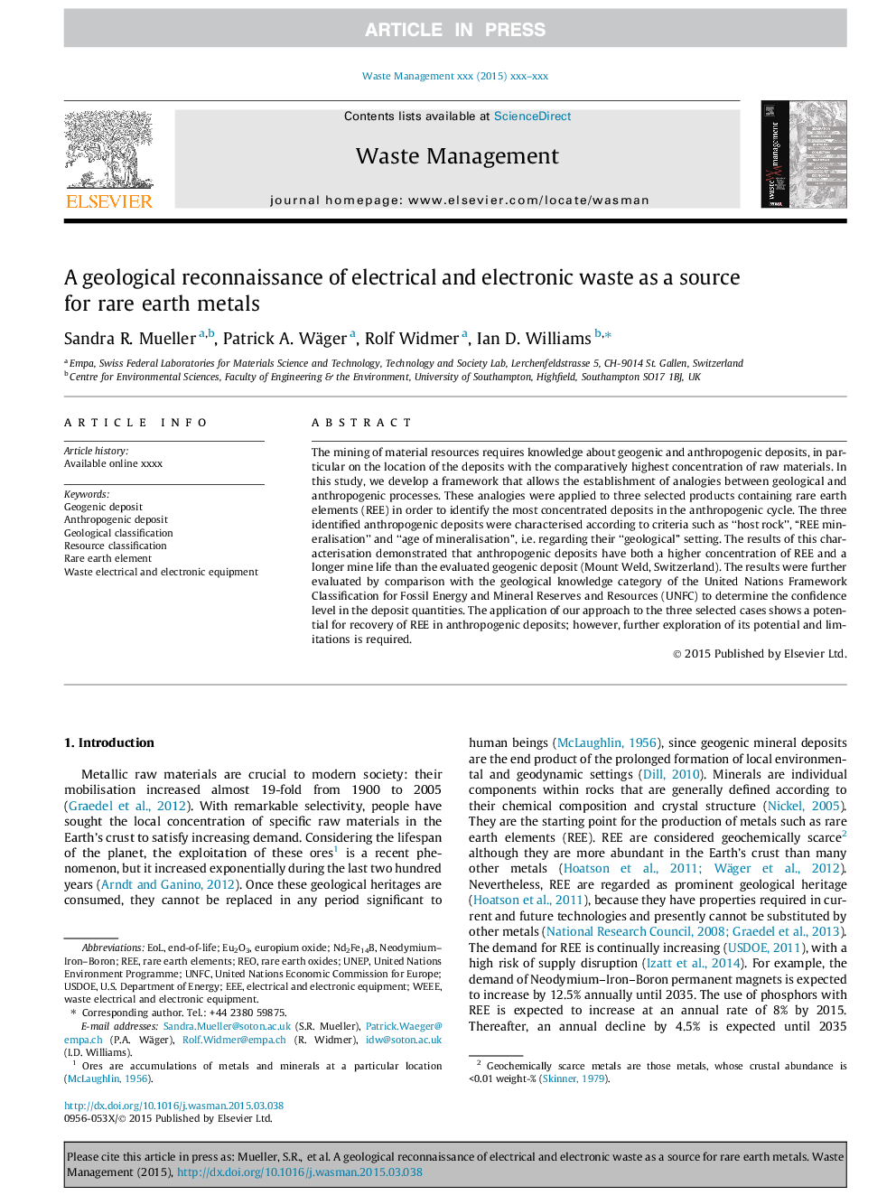 A geological reconnaissance of electrical and electronic waste as a source for rare earth metals