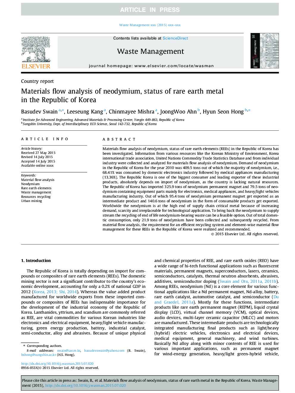 Materials flow analysis of neodymium, status of rare earth metal in the Republic of Korea