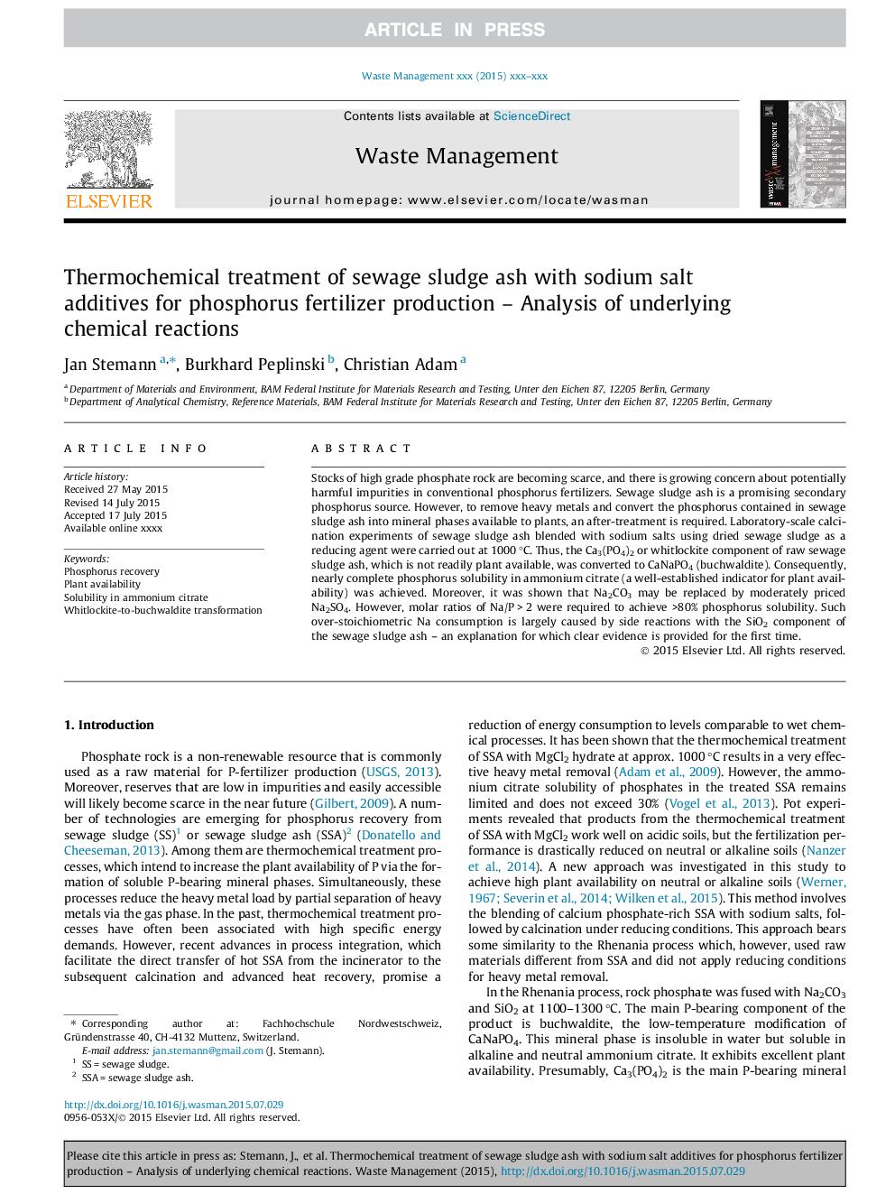 Thermochemical treatment of sewage sludge ash with sodium salt additives for phosphorus fertilizer production - Analysis of underlying chemical reactions