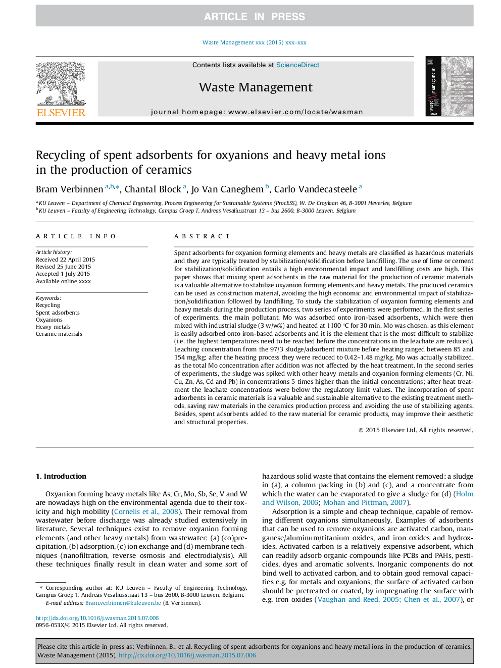 Recycling of spent adsorbents for oxyanions and heavy metal ions in the production of ceramics