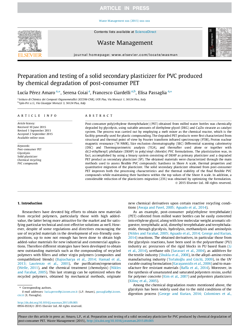 Preparation and testing of a solid secondary plasticizer for PVC produced by chemical degradation of post-consumer PET