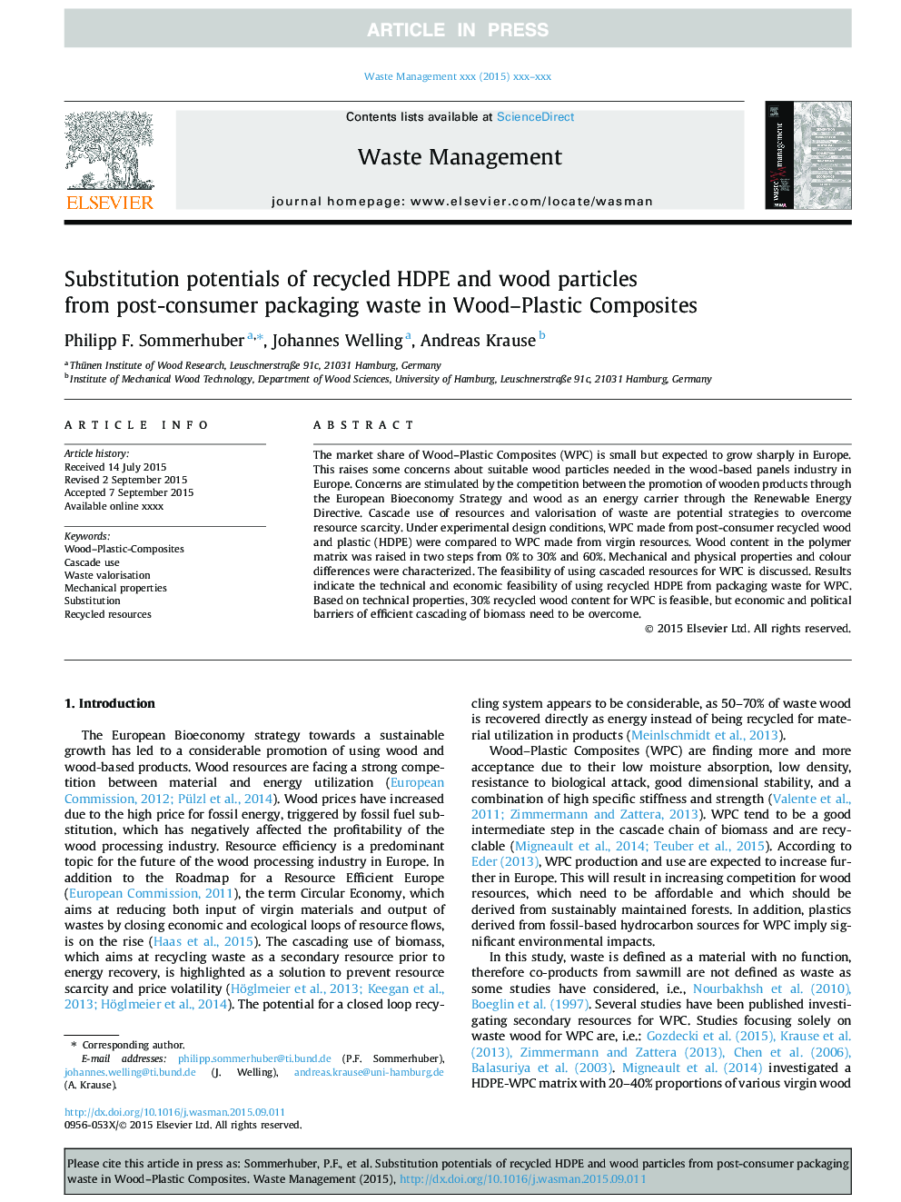 Substitution potentials of recycled HDPE and wood particles from post-consumer packaging waste in Wood-Plastic Composites