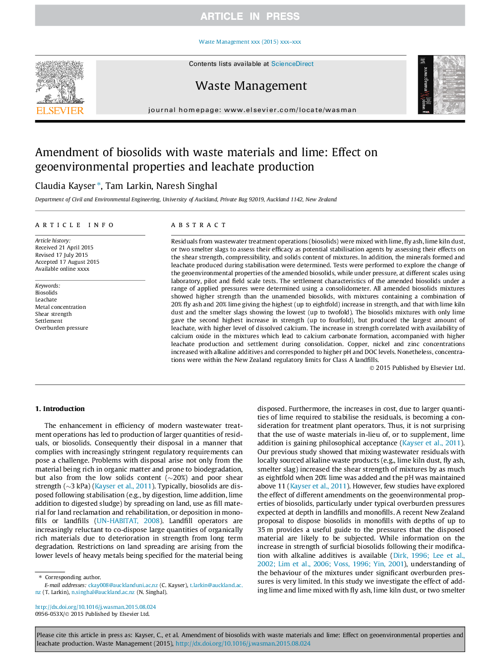 Amendment of biosolids with waste materials and lime: Effect on geoenvironmental properties and leachate production